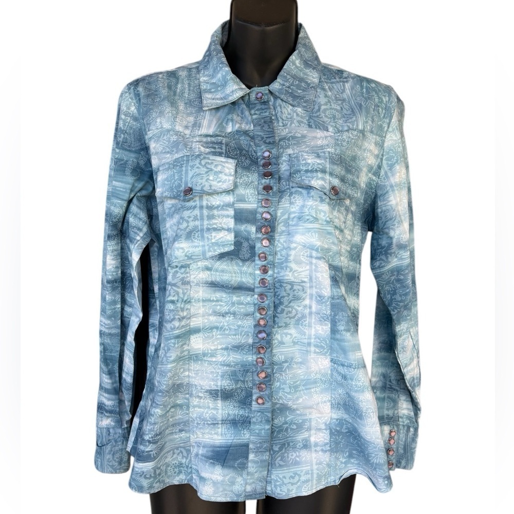 Scully Western Shirt Womens Long  Sleeve button down light blue Paisley size S